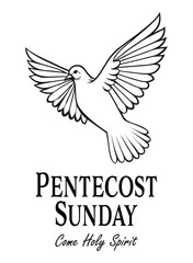 Fototapeta premium Illustration of a white dove with spread wings symbolizing the Holy Spirit, accompanied by the text Pentecost Sunday. Ideal for church events, religious posters, or Pentecost celebrations