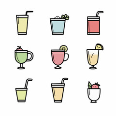 Set of colorful tropical summer drinks in flat minimalist vector style. Includes lemonade, cocktail, smoothie, coconut drink, iced tea. Ideal for menu design, packaging, and seasonal digital products 