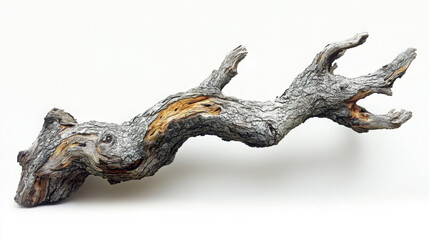 Fototapeta premium Documentary Photography of a gnarled tree branch, isolated on a plain white background, showcasing its unique texture and character.