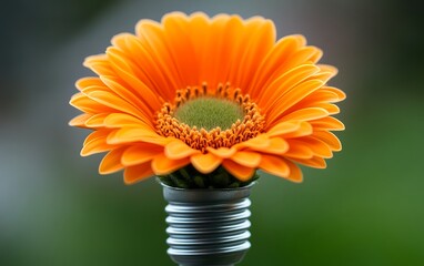 Creative concept of orange gerbera daisy flower mounted on light bulb base, symbolizing natural energy and innovation