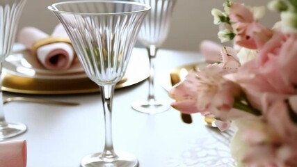 Elegant floral arrangement centerpiece on a formal dining table setting, with roses, lilies, plates and glasses.