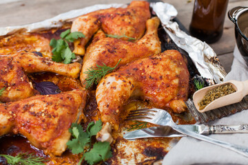 Top-down view of pub food: baked chicken drumsticks, rustic fries, sliced pickles, sauces, and beer. Cozy and casual atmosphere. Perfect for menus, blogs, or food delivery visuals