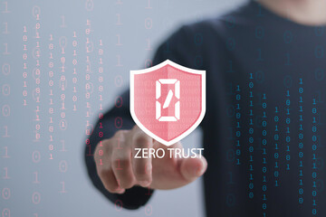 Zero trust security concept. Identity and device verification. Person touching zero trust icon for...