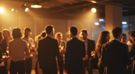 Blurred cocktail party scene Lively and golden lit