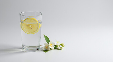 Lemon water glass with jasmine on white background