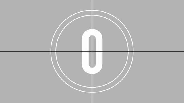 Retro style analog countdown from 5 to 0 with film frame change animation and grey overlay.