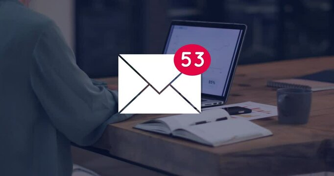 Upon envelope icon showing with red badge woman tracking business inbox count while climbing to 164