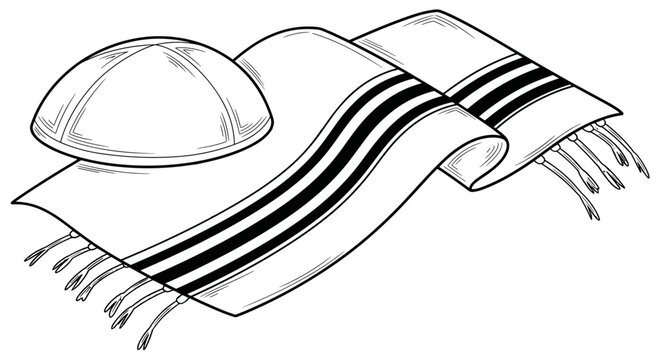 Sacred Symbols: A minimalist, black and white illustration showcasing the essential elements of Jewish religious observance: a yarmulke and a tallit. Reflecting the faith, heritage, and tradition.