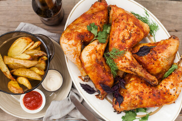 Top-down view of pub food: baked chicken drumsticks, rustic fries, sliced pickles, sauces, and beer. Cozy and casual atmosphere. Perfect for menus, blogs, or food delivery visuals