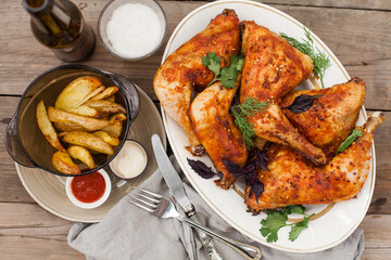 Top-down view of pub food: baked chicken drumsticks, rustic fries, sliced pickles, sauces, and beer. Cozy and casual atmosphere. Perfect for menus, blogs, or food delivery visuals