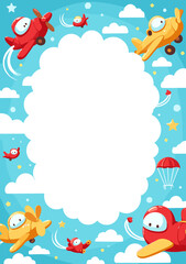 Cartoon airplane A4 card template with flying planes, clouds, parachutes, and playful sky-themed vector design (2)