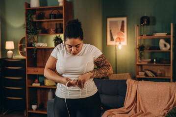 African American woman measures waist line with measuring tape in morning
