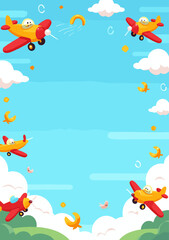 Cartoon airplane A4 card template with flying planes, clouds, parachutes, and playful sky-themed vector design (4)