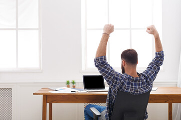 Happy successful businessman win, celebrate in office, sitting at workplace, back side. Copy space...
