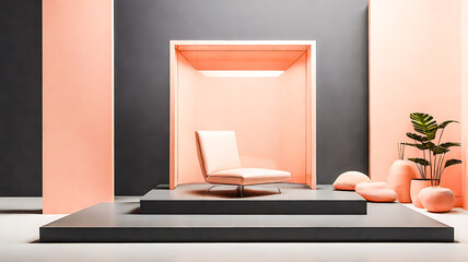 Minimalist Interior with Peach Chair Geometric Shapes and Plant Accents on Gray Background