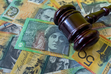 justice gavel with australian aud money. Juridical concept