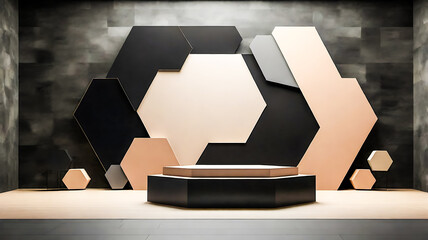 Modern Geometric Display Podium with Hexagon Shapes in Black and Beige