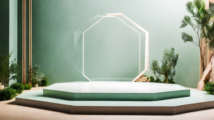 Elegant Product Display Podium with Geometric Frame and Natural Greenery