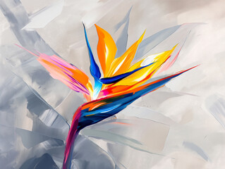 Oil painting of bright strelitzia flower on gray background