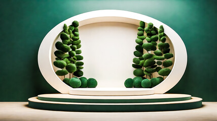 Elegant Product Display Podium with Green Topiary and Circular Backdrop