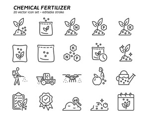 Plant fertilizer. Fertilizer in fertile soil, soil pH test, farming and agriculture icon set. Collection of fertilizer bag and spreader, vegetable, compost vector flat outline icons. Editable stroke