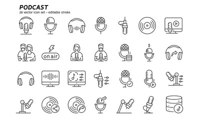 Listening podcast with microphone and recording podcasts icon set. Audio podcast. Collection of online podcasting, online radio show, sound studio vector flat outline icons. Editable stroke