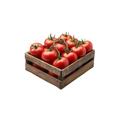 Fresh red tomatoes in a wooden crate isolated on a transparent background, in a PNG format