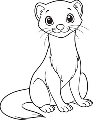 Cute Cartoon Weasel Sitting and Smiling Black and White Outline