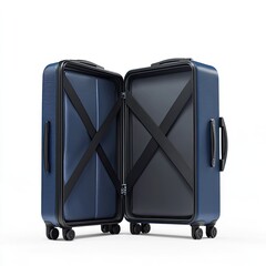 Opened navy blue hard-shell suitcase on white background