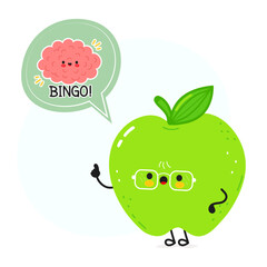 Green Apple character wearing glasses, smiling with lightbulb moment, brain revealing eureka thought in speech bubble