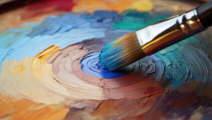 Fototapeta premium Paint palette with brush, vibrant colors swirling