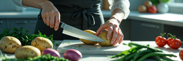 female hands cutting raw potatoes with a knife in a modern kitchen