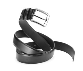 One black leather belt isolated on white