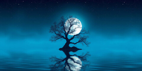 a digital artwork featuring a solitary tree with sprawling branches and roots, positioned centrally against a large, luminous full moon