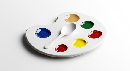 White ceramic artist's palette with various colored paints and a spoon