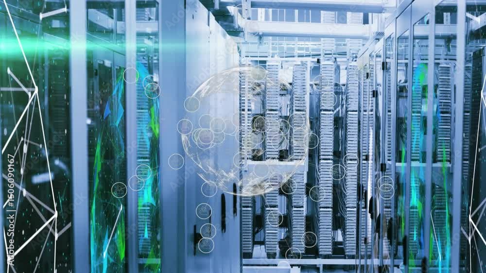 Poster faint globe appearing over server racks, rotating clockwise while nodes emerging showing data flow