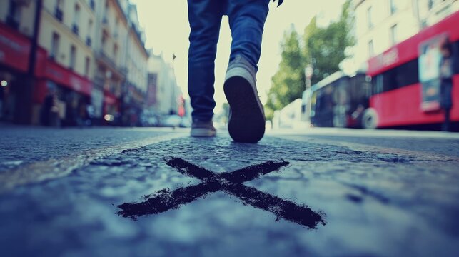 Person walking on a city street with a cross mark on the pavement.