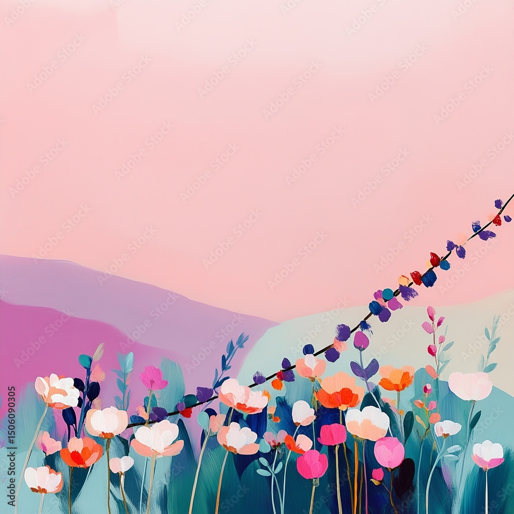Fototapete a soft pastel vector background split in half, with one side filled with elegant flowers and the oth
