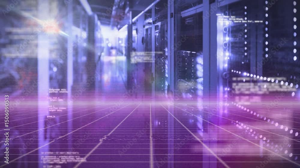 Poster floor grid activating code scrolling lens flare sweeping server corridor visualizing data flow
