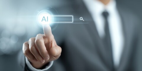 Obraz premium AI search technology revolution SEO, Businessman browsing internet using AI search tool to optimize content and improve ranking. SEO artificial intelligence for efficient data discovery.