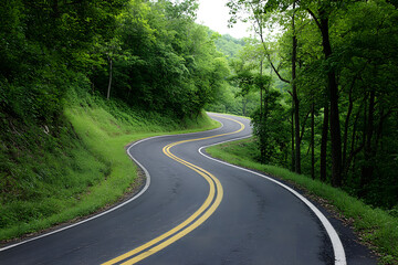 Fototapeta premium Winding asphalt road curving up a green hill.