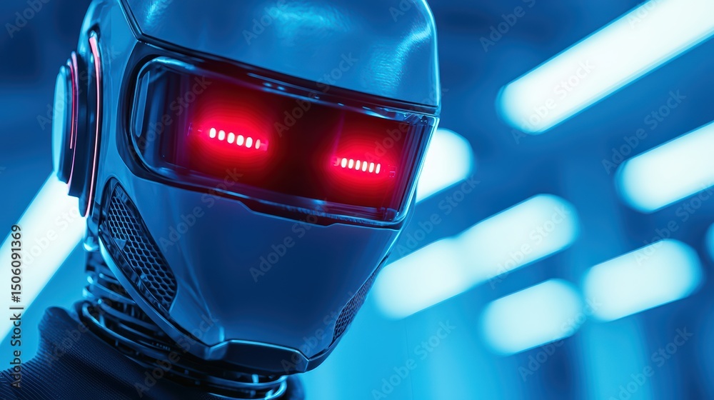 Poster futuristic robot with red illuminated eyes in a technology-driven surrounding for sci-fi concepts