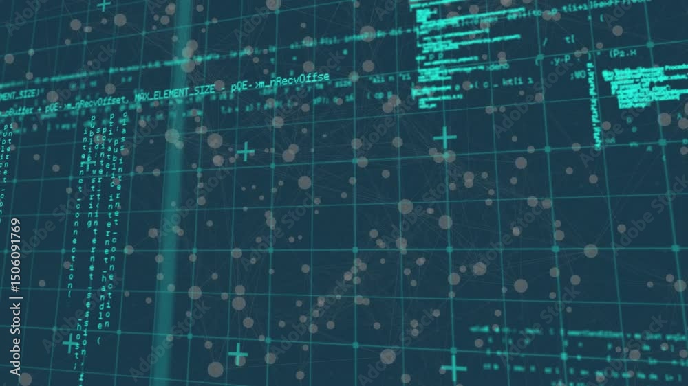 Poster opening turquoise grid starting camera rotating around three neon code clusters visualizing data