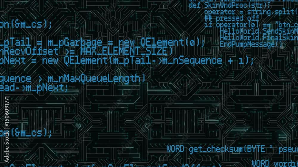 Poster neon circuit board flickering initiating c++ python code expanding scrolling visualizing interface
