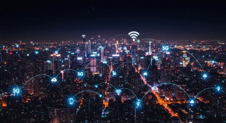 Cityscape linked by futuristic network at night
