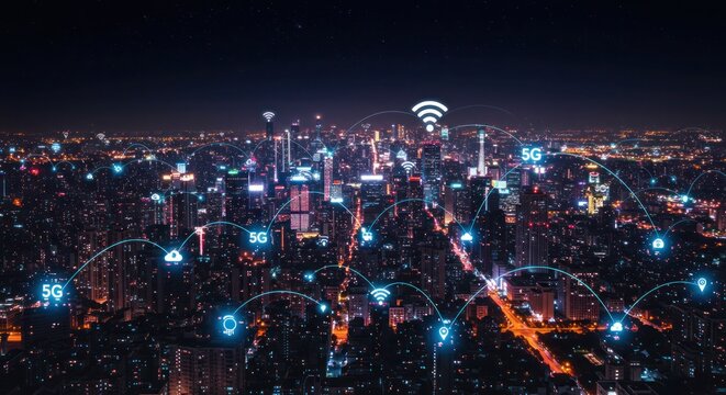 Cityscape linked by futuristic network at night