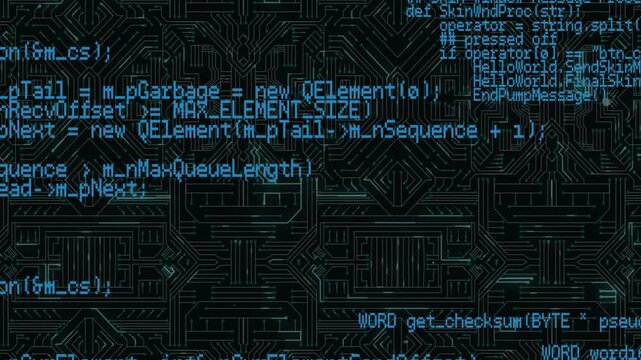 Neon circuit board flickering initiating C++ Python code expanding scrolling visualizing interface