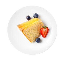 Pieces of tasty bundt cake with berries isolated on white, top view