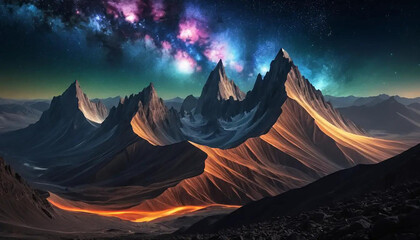 Cosmic winds sculpting mountains of light, ridges glowing with the pulse of ancient stars
