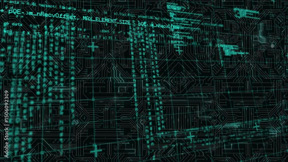 Aufkleber Opening circuit grid sliding lines then cascading teal code streams for data flow visualization